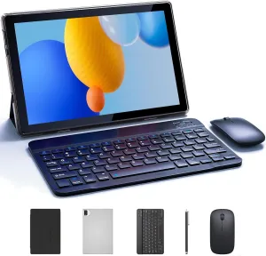 10 inch Tablet Android 14 Tablets 2 in 1 With Keyboard Case Mouse Stylus Android Tableta 8GB 64GB Support 1TB Expansion, 10.1" IPS HD Screen 2MP 8MP Dual Camera WiFi-6 Bluetooth 6000mAh Battery Tab.