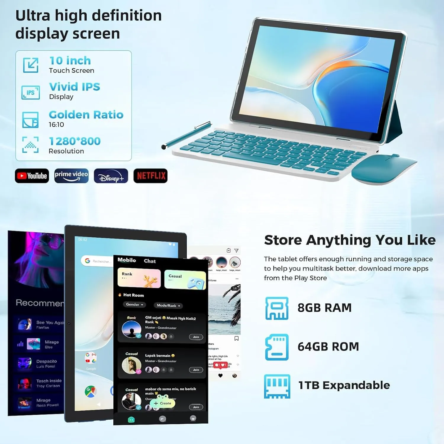 10 inch Tablet Android 14 Tablets PC Set 2 in 1 Tablet with Keyboard Case Mouse Stylus 8GB RAM 64GB ROM 1TB Expansion Tableta Computer 10.1" IPS Screen 2MP 8MP Dual Camera 6000 mAh battery WiFi BT Tab
