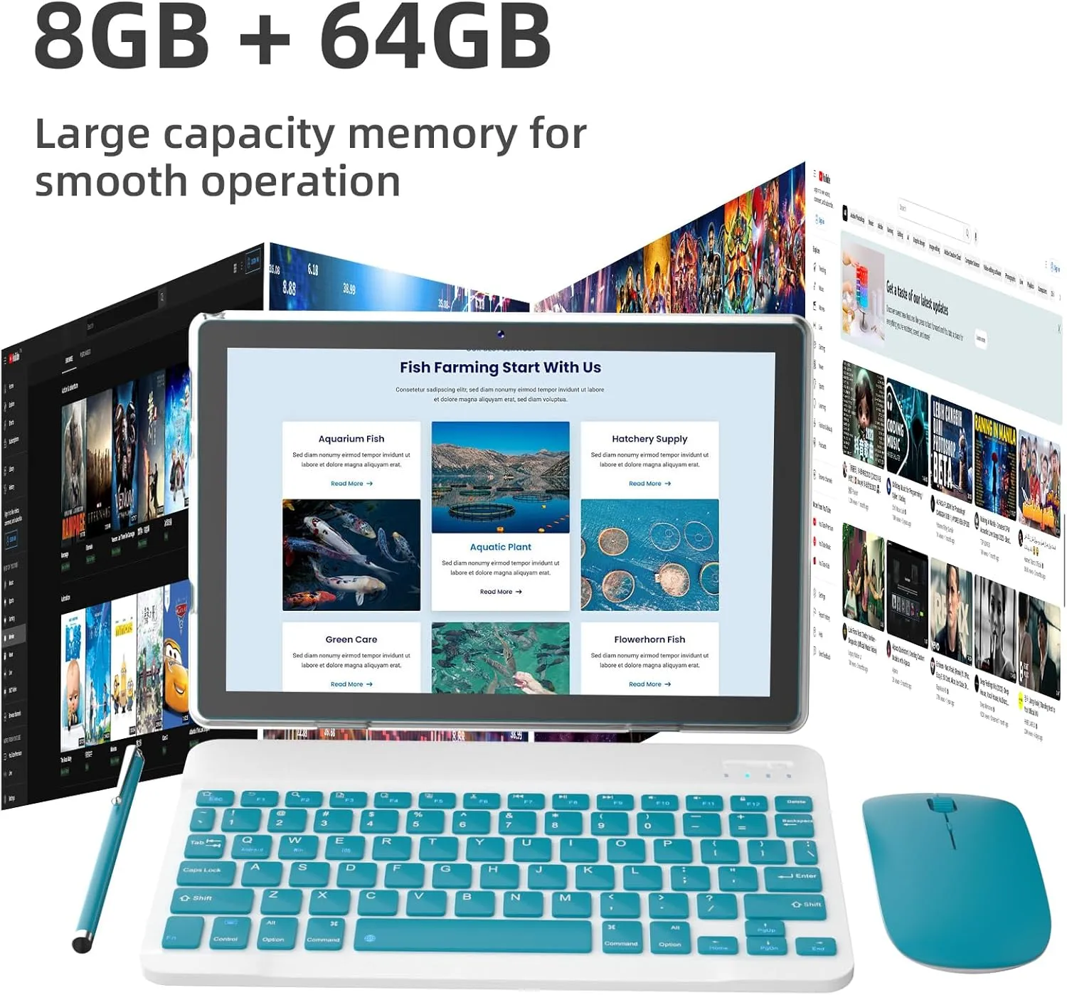 10 inch Tablet Android 14 Tablets PC Set 2 in 1 Tablet with Keyboard Case Mouse Stylus 8GB RAM 64GB ROM 1TB Expansion Tableta Computer 10.1" IPS Screen 2MP 8MP Dual Camera 6000 mAh battery WiFi BT Tab