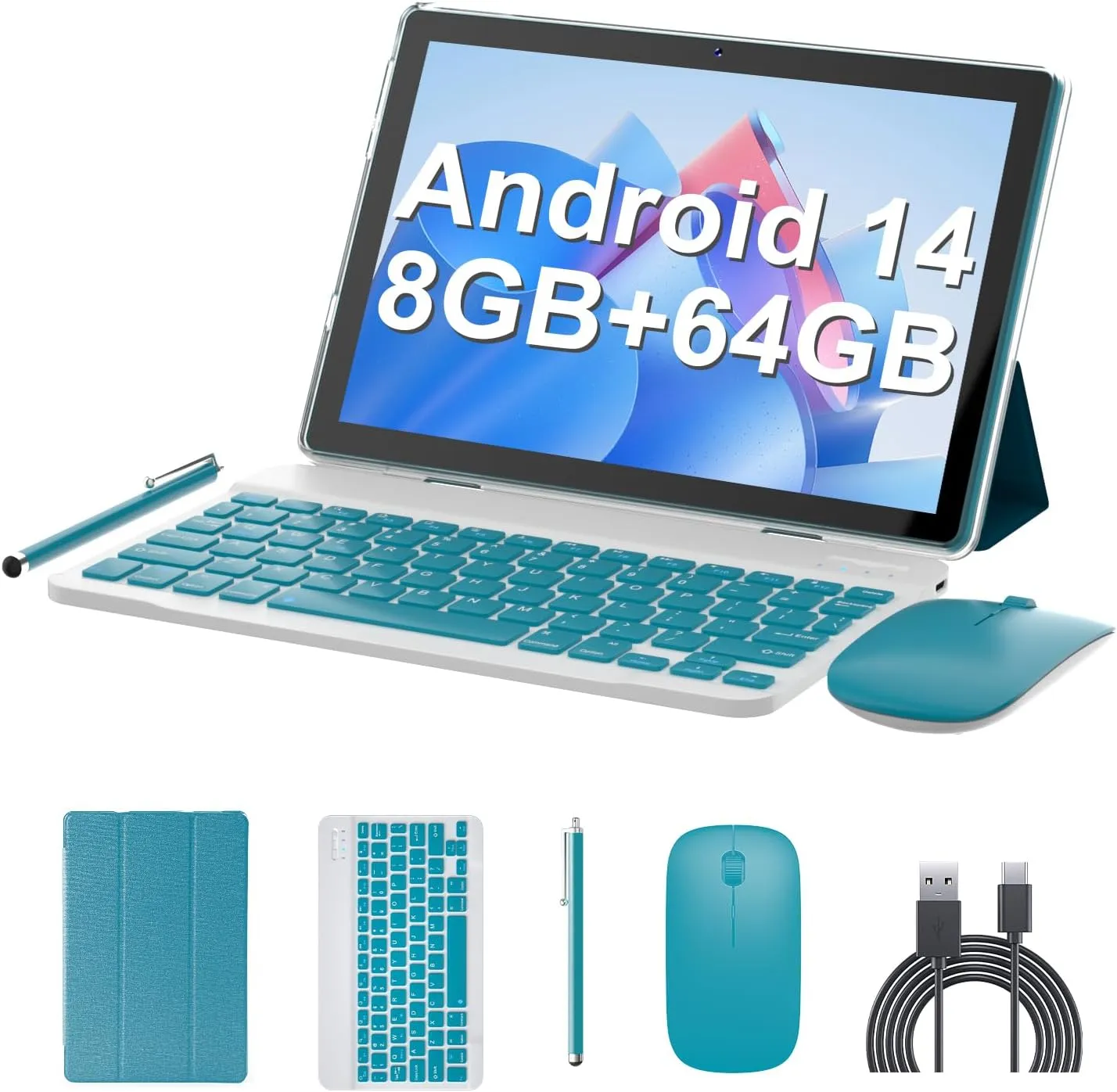 10 inch Tablet Android 14 Tablets PC Set 2 in 1 Tablet with Keyboard Case Mouse Stylus 8GB RAM 64GB ROM 1TB Expansion Tableta Computer 10.1" IPS Screen 2MP 8MP Dual Camera 6000 mAh battery WiFi BT Tab