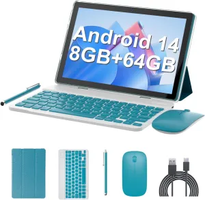 10 inch Tablet Android 14 Tablets PC Set 2 in 1 Tablet with Keyboard Case Mouse Stylus 8GB RAM 64GB ROM 1TB Expansion Tableta Computer 10.1" IPS Screen 2MP 8MP Dual Camera 6000 mAh battery WiFi BT Tab