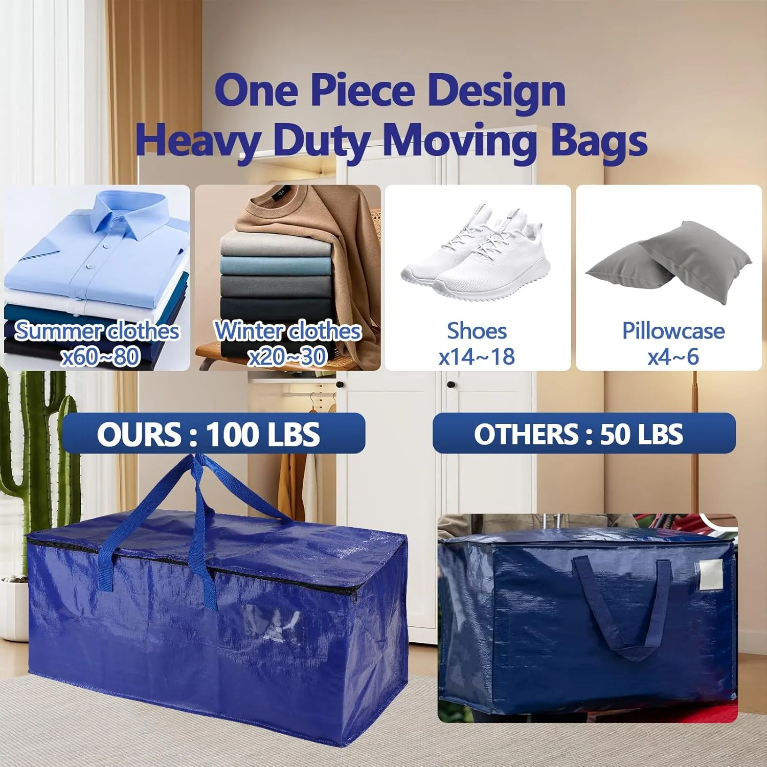 10 Pack Waterproof Moving Bags with Strong Zippers and Reinforced Handles, Real 100lb Capacity Extra Heavy Duty Large Storage Totes for Packing & Moving Storing, Alternative to Moving Boxes -95L,Blue