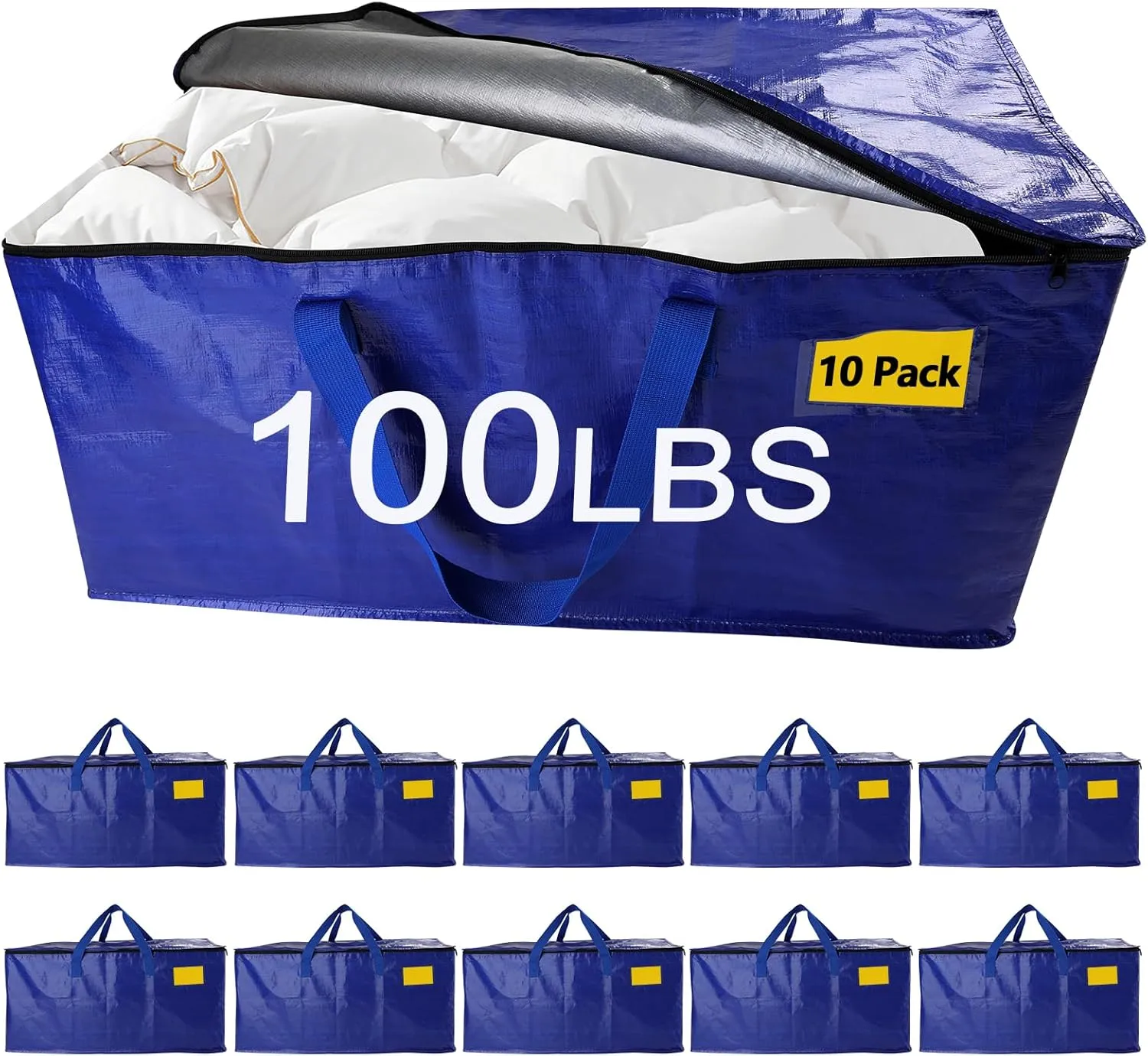 10 Pack Waterproof Moving Bags with Strong Zippers and Reinforced Handles, Real 100lb Capacity Extra Heavy Duty Large Storage Totes for Packing & Moving Storing, Alternative to Moving Boxes -95L,Blue