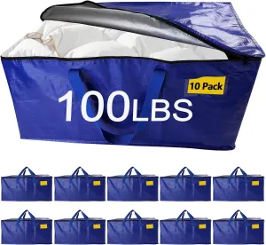 10 Pack Waterproof Moving Bags with Strong Zippers and Reinforced Handles, Real 100lb Capacity Extra Heavy Duty Large Storage Totes for Packing & Moving Storing, Alternative to Moving Boxes -95L,Blue