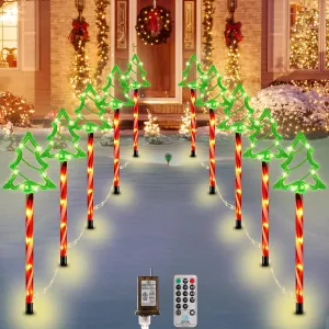 10pcs Christmas Pathway Lights Outdoor,Candy Cane Christmas Tree Path Lights for Outside,Xmas Holiday Ligthed Walkway Yard Stakes for Porch Yard Lawn Driveway