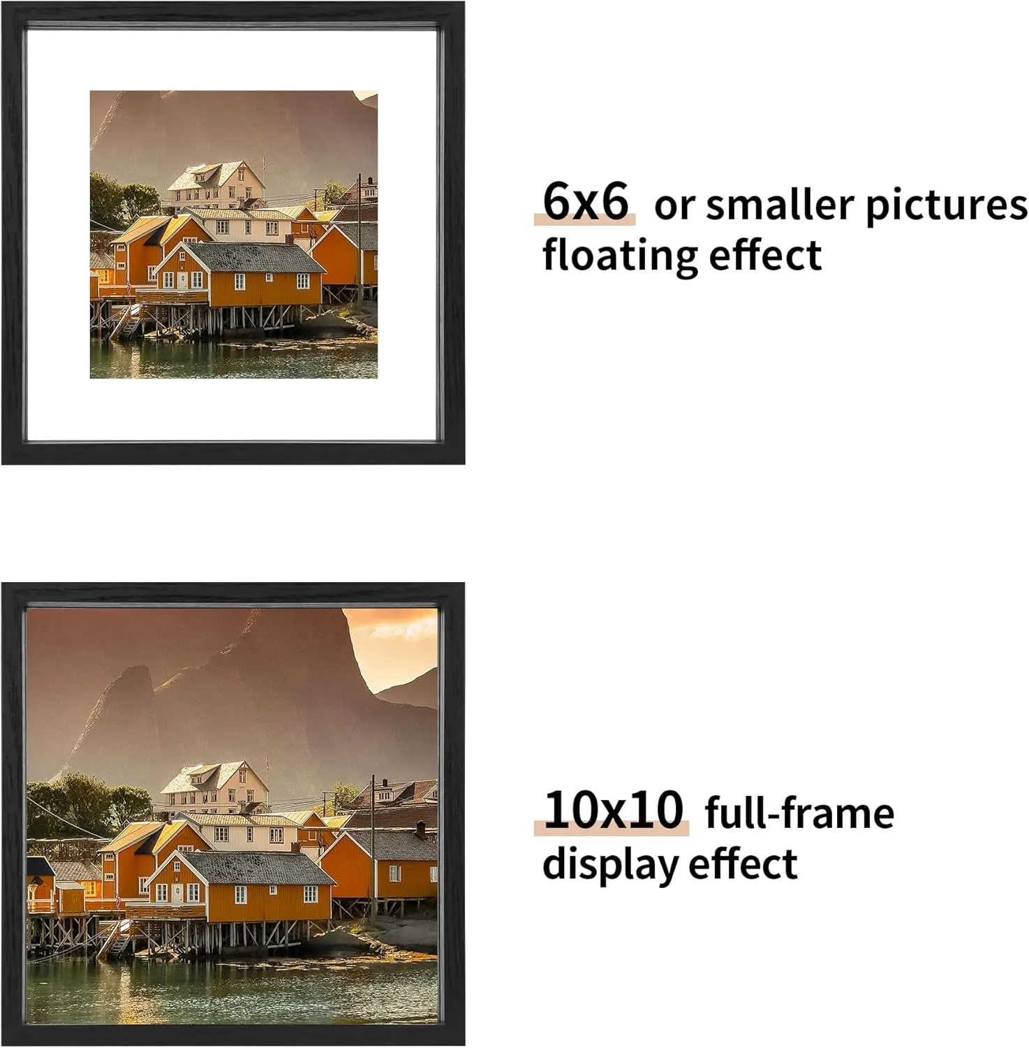 10x10 Floating Picture Frame Set of 2, Double Glass Photo Frame Wooden Frame for Wall Mount or Tabletop Displays for 5x7, 6x8, 7x9 inch Pictures, Plane Edge Frames, Black