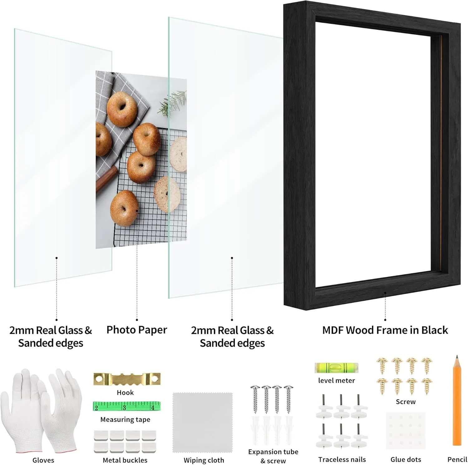 10x10 Floating Picture Frame Set of 2, Double Glass Photo Frame Wooden Frame for Wall Mount or Tabletop Displays for 5x7, 6x8, 7x9 inch Pictures, Plane Edge Frames, Black