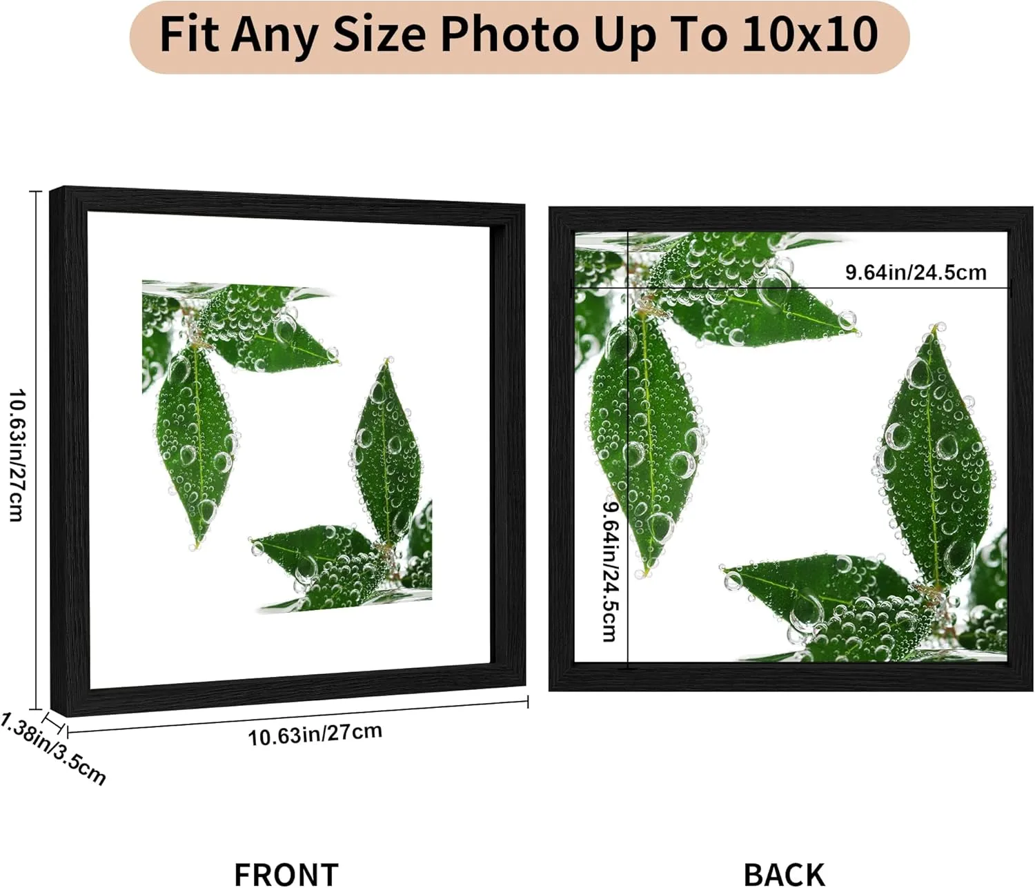 10x10 Floating Picture Frame Set of 2, Double Glass Photo Frame Wooden Frame for Wall Mount or Tabletop Displays for 5x7, 6x8, 7x9 inch Pictures, Plane Edge Frames, Black