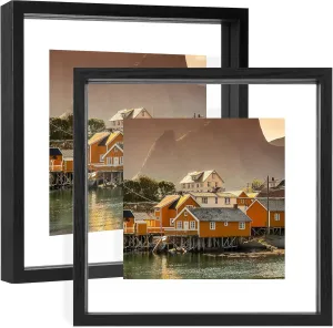 10x10 Floating Picture Frame Set of 2, Double Glass Photo Frame Wooden Frame for Wall Mount or Tabletop Displays for 5x7, 6x8, 7x9 inch Pictures, Plane Edge Frames, Black