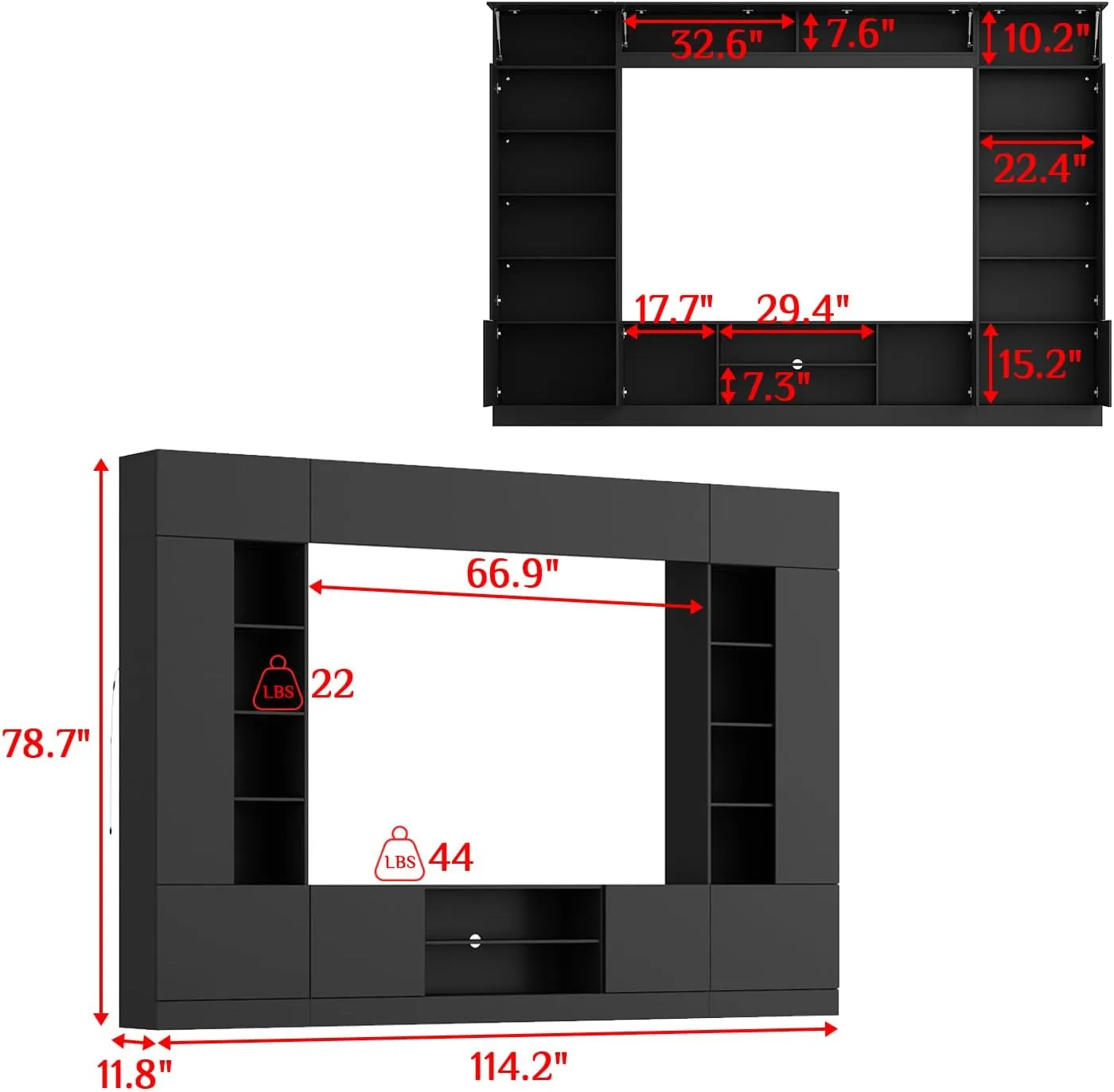 114" Large Wall Unit Entertainment Center with Bookshelves, Lights and 18 Shelves, Modern 4-Piece TV Stand Media Console Table with Bridge Cabinet for Living Room & Home Theater, Black