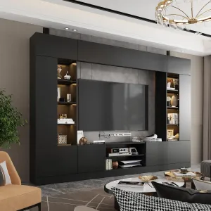 114" Large Wall Unit Entertainment Center with Bookshelves, Lights and 18 Shelves, Modern 4-Piece TV Stand Media Console Table with Bridge Cabinet for Living Room & Home Theater, Black