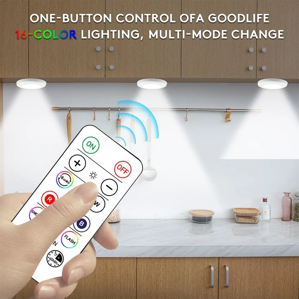 12 Pack LED Puck Light Wireless 16 Color Changing Under Cabinet Lighting Closet Light Battery Powered Night Lights with Remote Control Dimmer & Timing Function
