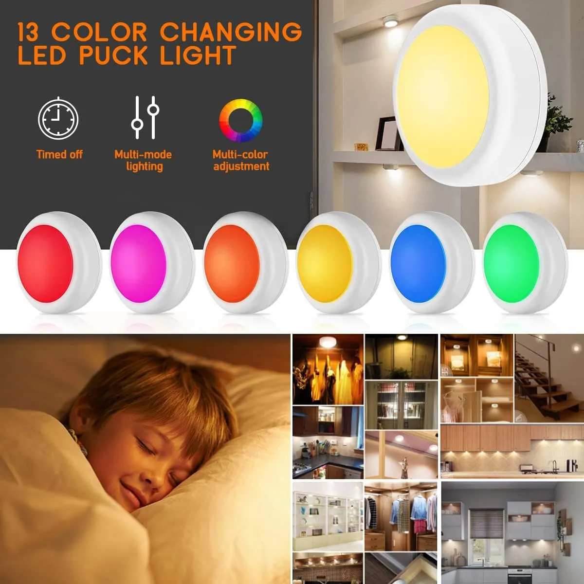 12 Pack LED Puck Light Wireless 16 Color Changing Under Cabinet Lighting Closet Light Battery Powered Night Lights with Remote Control Dimmer & Timing Function