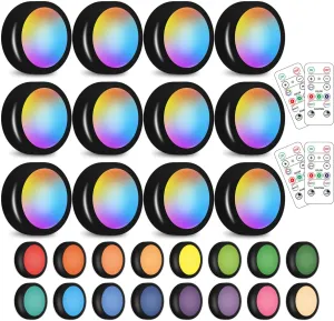 12 Pack LED Puck Light Wireless 16 Color Changing Under Cabinet Lighting Closet Light Battery Powered Night Lights with Remote Control Dimmer & Timing Function