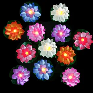 12 Pcs Floating Pool Lights, Artificial Led Waterproof Flameless Lotus Lamp, Floating Flower Light Battery Operated Water Sense Lights, Wedding Anniversary Garden Decoration