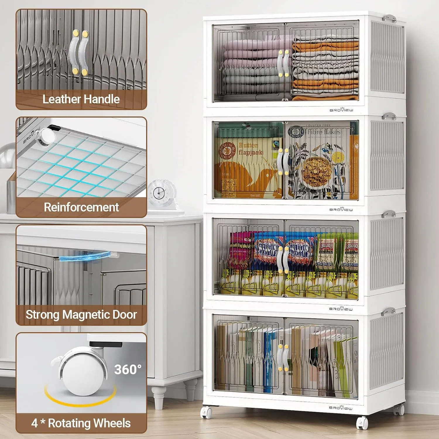 120 Qt Stackable Storage Bins with Lid, Closet Organizer and Storage Drawer, Collapsible Storage Box with Wheels, Plastic Clothes Storage Cabinet Containers for Home Organization, 4Pack White