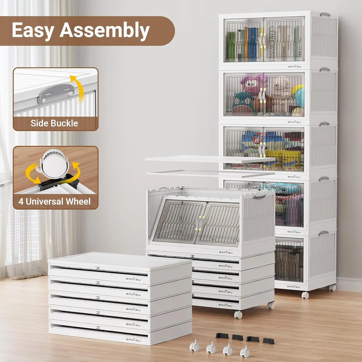 120 Qt Stackable Storage Bins with Lid, Closet Organizer and Storage Drawer, Collapsible Storage Box with Wheels, Plastic Clothes Storage Cabinet Containers for Home Organization, 4Pack White