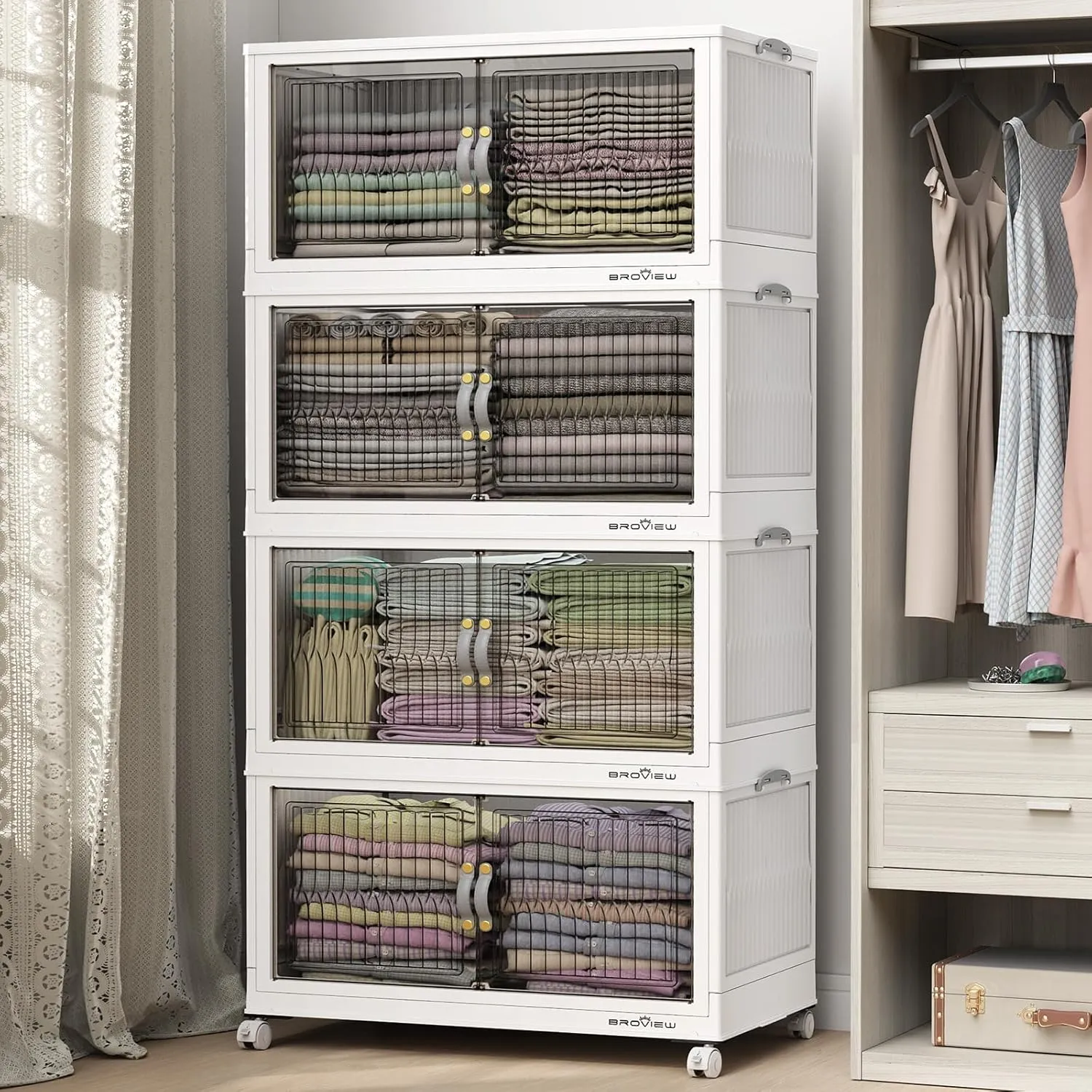 120 Qt Stackable Storage Bins with Lid, Closet Organizer and Storage Drawer, Collapsible Storage Box with Wheels, Plastic Clothes Storage Cabinet Containers for Home Organization, 4Pack White