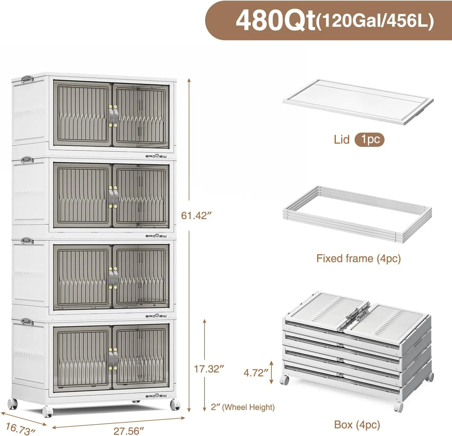 120 Qt Stackable Storage Bins with Lid, Closet Organizer and Storage Drawer, Collapsible Storage Box with Wheels, Plastic Clothes Storage Cabinet Containers for Home Organization, 4Pack White
