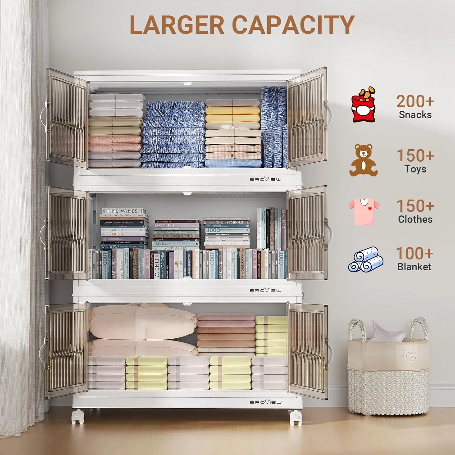 120 Qt Stackable Storage Bins with Lid, Closet Organizer and Storage Drawer, Collapsible Storage Box with Wheels, Plastic Clothes Storage Cabinet Containers for Home Organization, 4Pack White