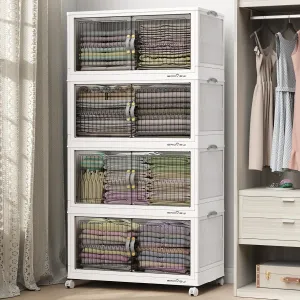 120 Qt Stackable Storage Bins with Lid, Closet Organizer and Storage Drawer, Collapsible Storage Box with Wheels, Plastic Clothes Storage Cabinet Containers for Home Organization, 4Pack White