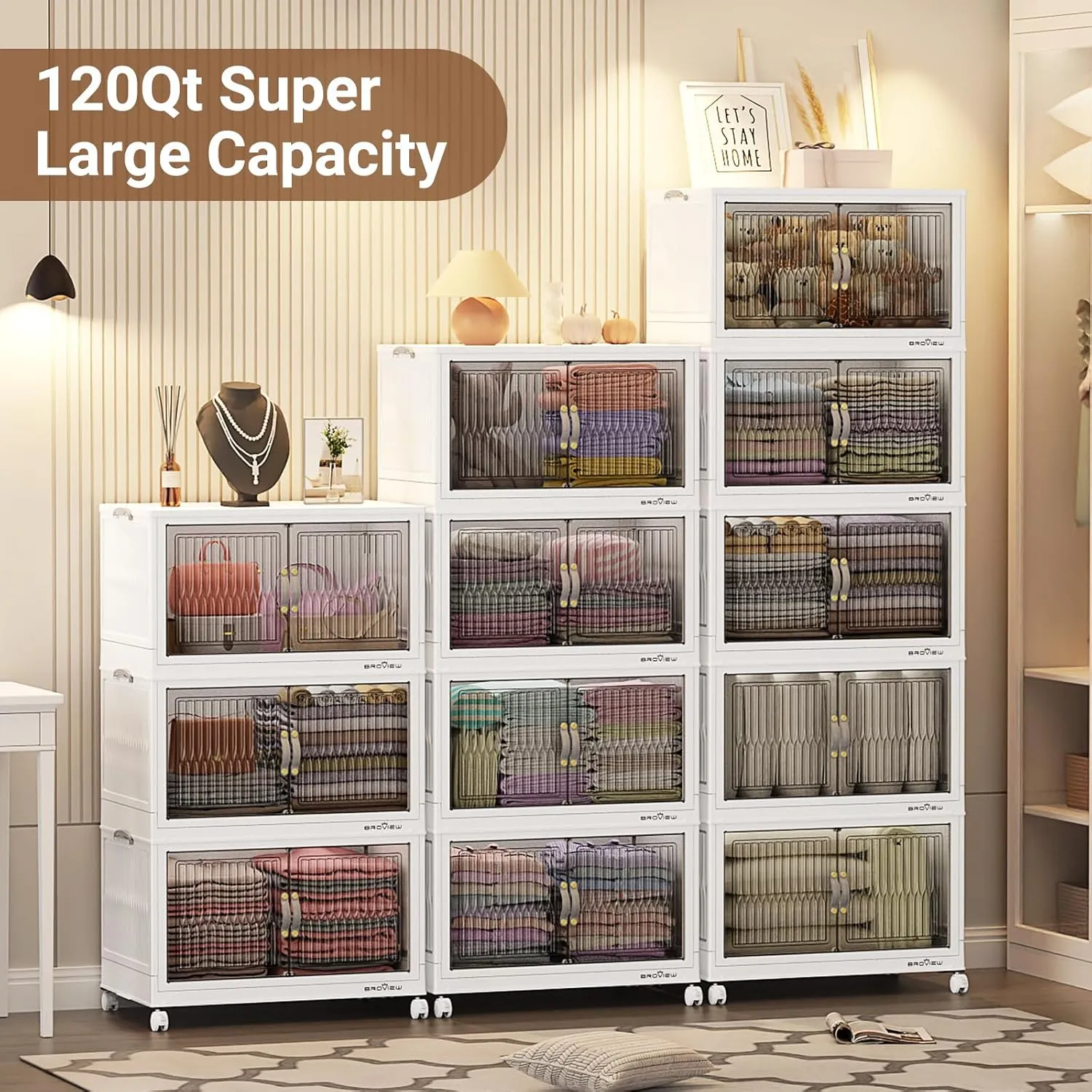 120 Qt Stackable Storage Bins with Lid, Closet Organizer and Storage Drawer, Collapsible Storage Box with Wheels, Plastic Clothes Storage Cabinet Containers for Home Organization, 4Pack White