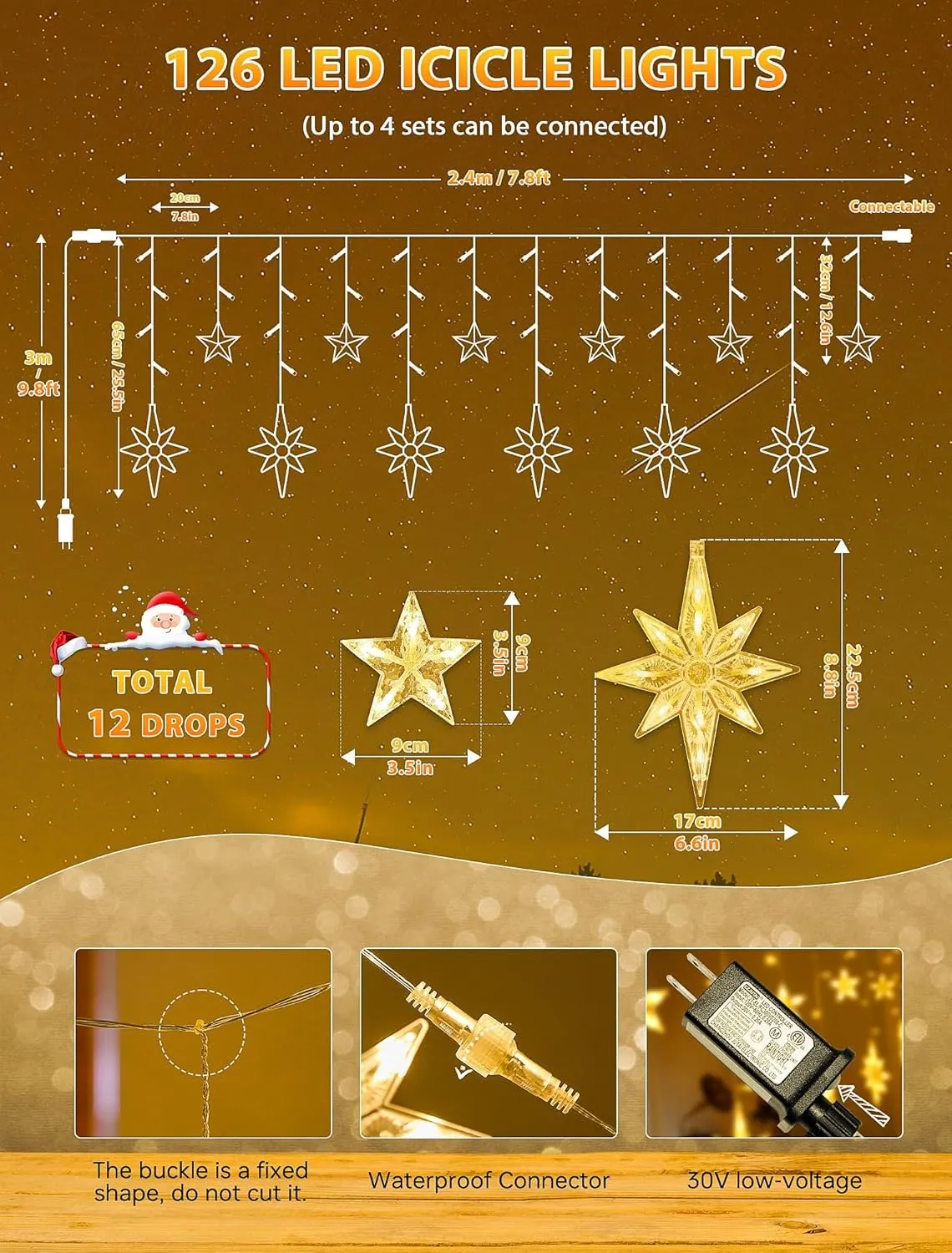 126 LED Star Icicle Lights,7.8ft Connectable Window Curtain Lights Plug in,8 Lighting Modes Timer Bethlehem Star Christmas Light for Indoor Outdoor,Bedroom,Wedding,Ramadan Decor,Warm White