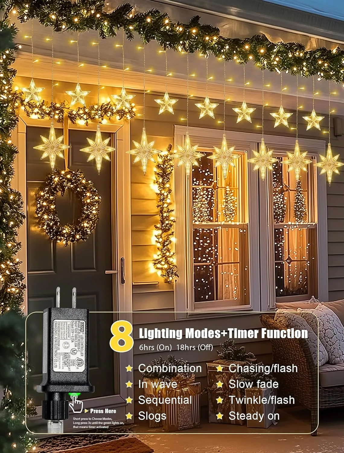 126 LED Star Icicle Lights,7.8ft Connectable Window Curtain Lights Plug in,8 Lighting Modes Timer Bethlehem Star Christmas Light for Indoor Outdoor,Bedroom,Wedding,Ramadan Decor,Warm White