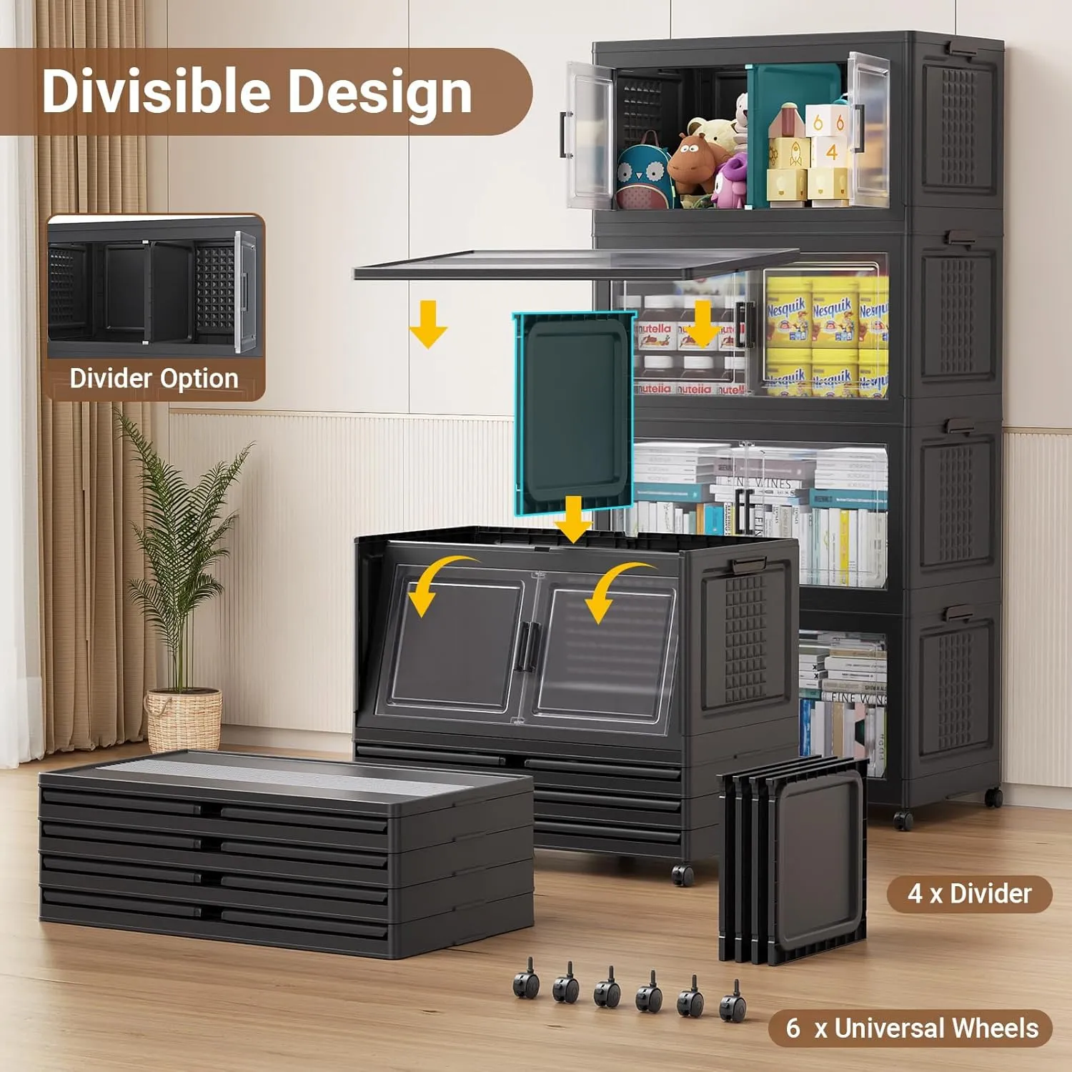 150Gal Plastic Storage Bins with Lid and Wheels, 3Pack Extra Large Stackable Bins with Dividers, Closet Organizers and Storage Cabinet Shelves Collapsible Box for Home Garage, Black