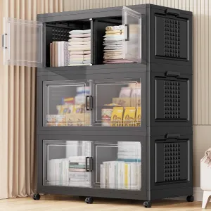 150Gal Plastic Storage Bins with Lid and Wheels, 3Pack Extra Large Stackable Bins with Dividers, Closet Organizers and Storage Cabinet Shelves Collapsible Box for Home Garage, Black