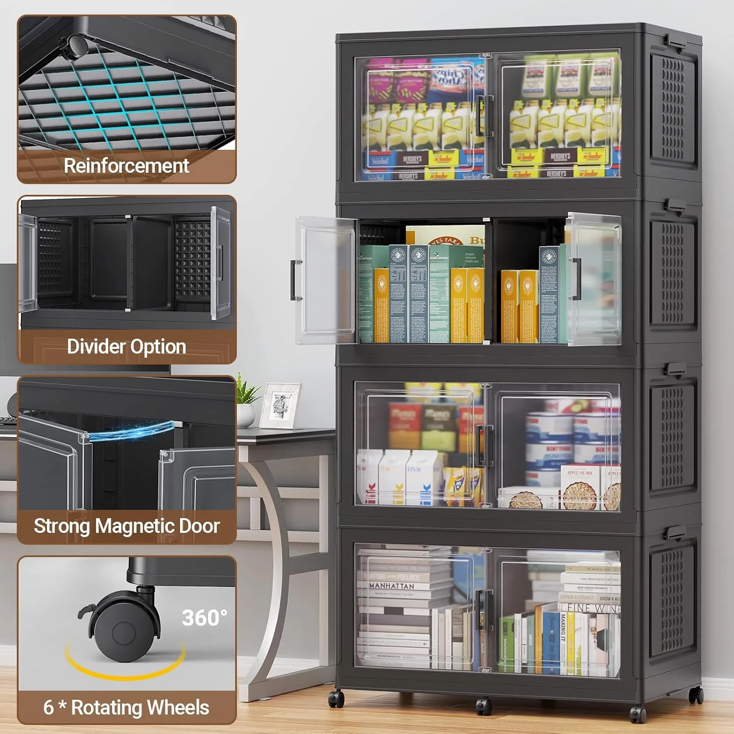 150Gal Plastic Storage Bins with Lid and Wheels, 3Pack Extra Large Stackable Bins with Dividers, Closet Organizers and Storage Cabinet Shelves Collapsible Box for Home Garage, Black