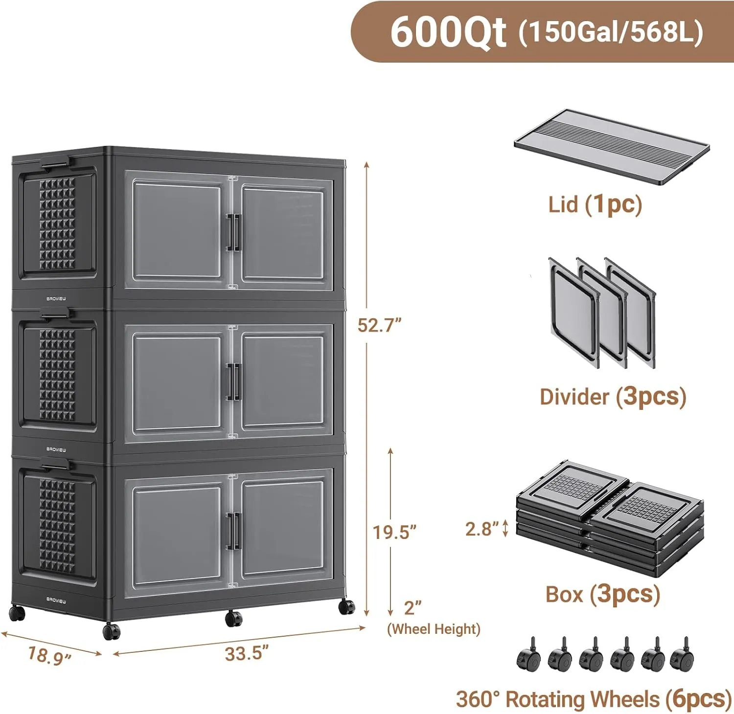150Gal Plastic Storage Bins with Lid and Wheels, 3Pack Extra Large Stackable Bins with Dividers, Closet Organizers and Storage Cabinet Shelves Collapsible Box for Home Garage, Black