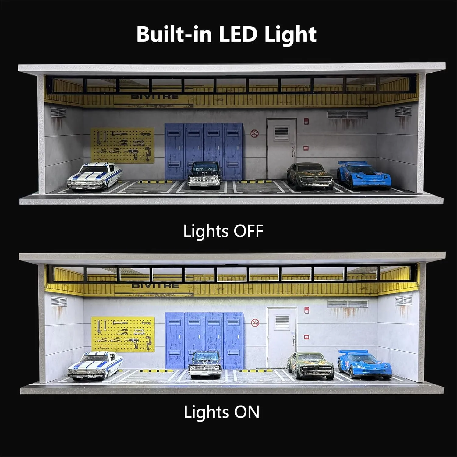 1/64 Scale Die-cast Model Car Display Case with LED Light and Acrylic Cover for Hot Wheels Matchbox - Parking Garage Dioramas with 6 Parking Spaces