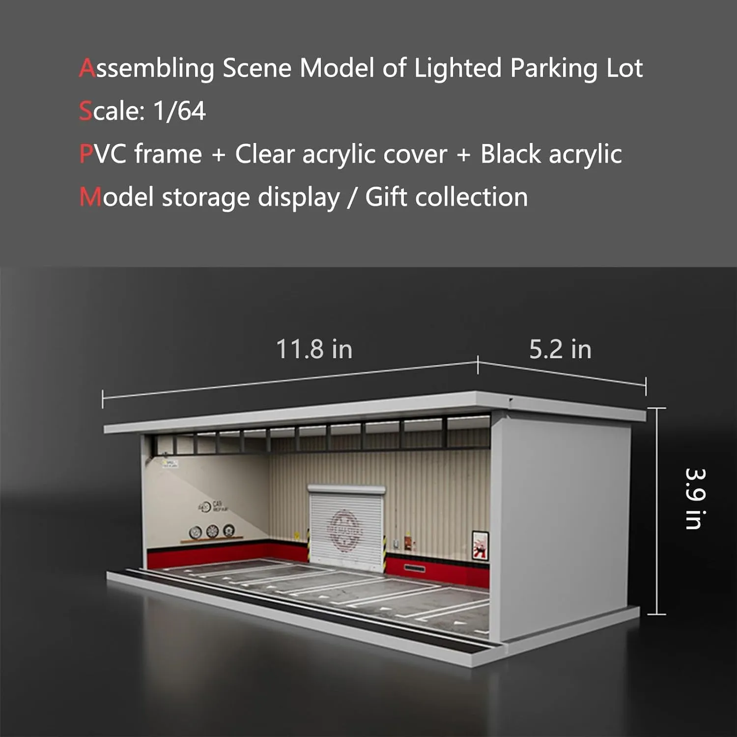 1/64 Scale Die-cast Model Car Display Case with LED Light and Acrylic Cover for Hot Wheels Matchbox - Parking Garage Dioramas with 6 Parking Spaces