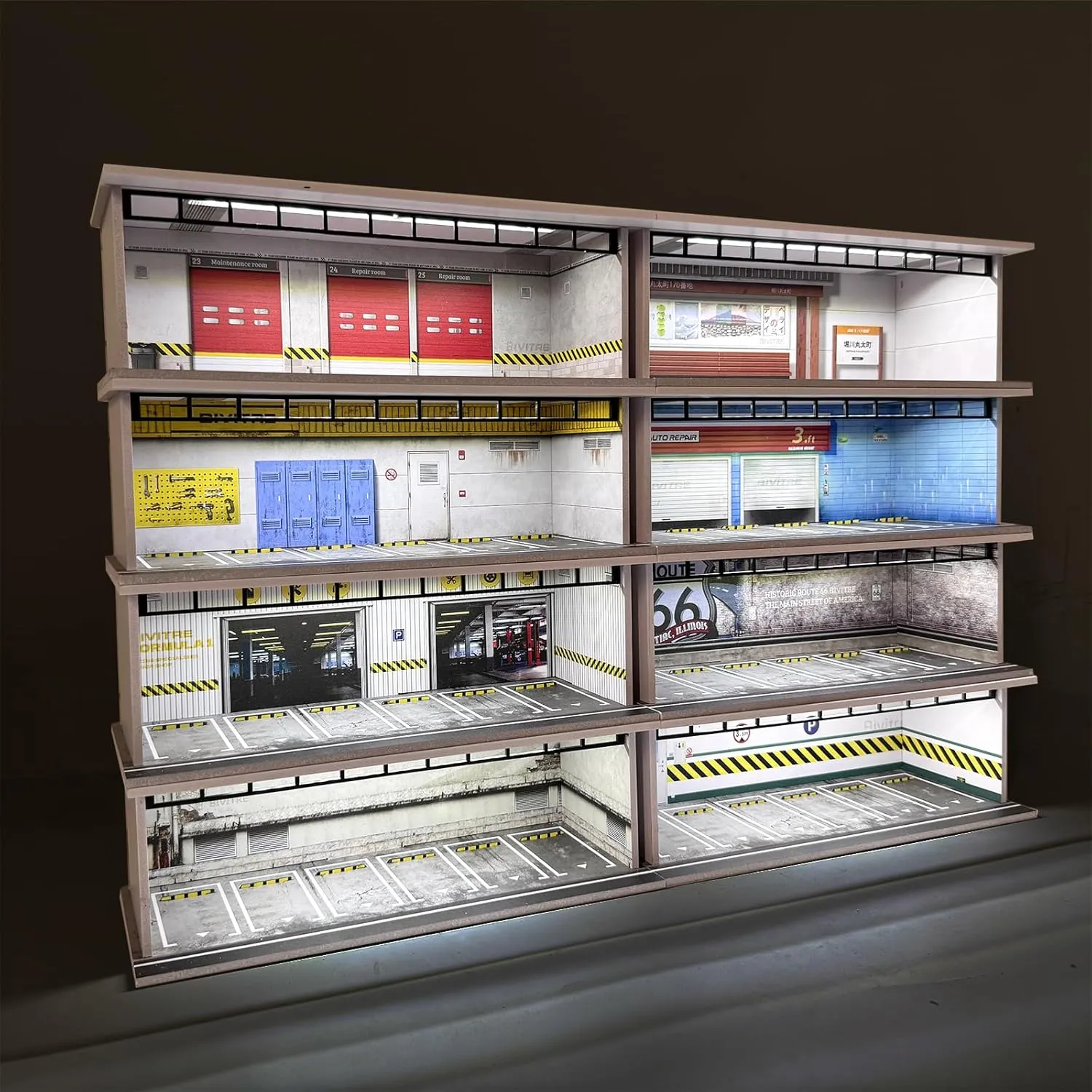 1/64 Scale Die-cast Model Car Display Case with LED Light and Acrylic Cover for Hot Wheels Matchbox - Parking Garage Dioramas with 6 Parking Spaces
