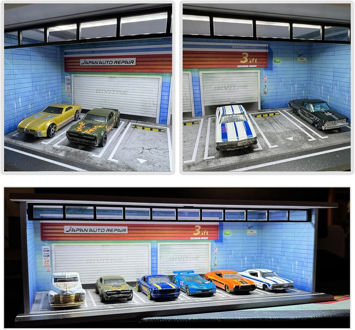 1/64 Scale Die-cast Model Car Display Case with LED Light and Acrylic Cover for Hot Wheels Matchbox - Parking Garage Dioramas with 6 Parking Spaces