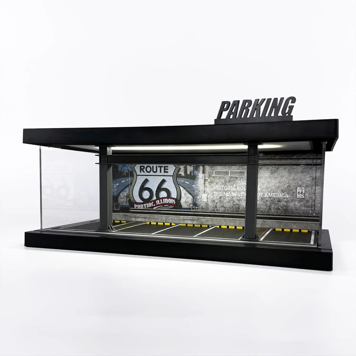 1/64 Scale Die-cast Model Car Display Case with LED Light and Acrylic Cover, Hot Diecast Wheels Parking Garage Dioramas with 9 Parking Spaces (1/64-1T-LM-Rou66)