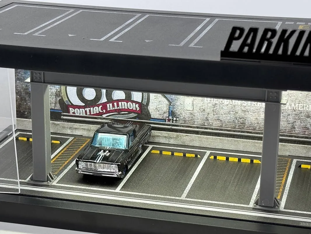 1/64 Scale Die-cast Model Car Display Case with LED Light and Acrylic Cover, Hot Diecast Wheels Parking Garage Dioramas with 9 Parking Spaces (1/64-1T-LM-Rou66)