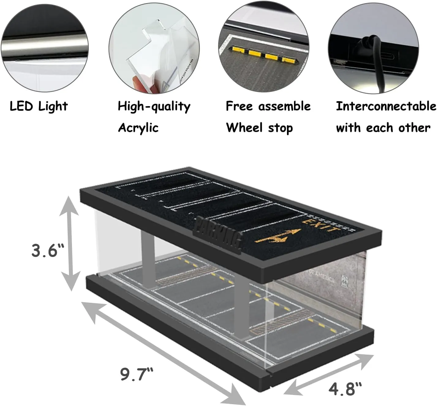 1/64 Scale Die-cast Model Car Display Case with LED Light and Acrylic Cover, Hot Diecast Wheels Parking Garage Dioramas with 9 Parking Spaces (1/64-1T-LM-Rou66)
