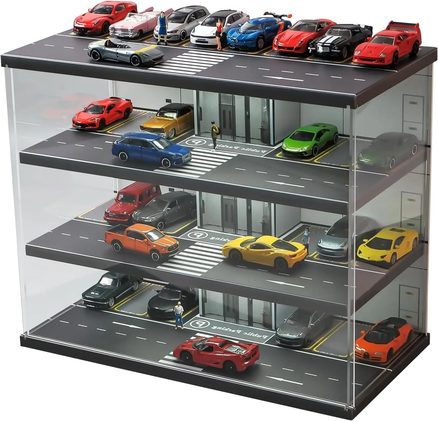 1:64 Scale Diecast Model Car Display Case with USB Light Cabinet Suitable for Hot Wheels, Nascar Toy Matchbox Car Dust Storage Rack (Elevator Garage Scene)