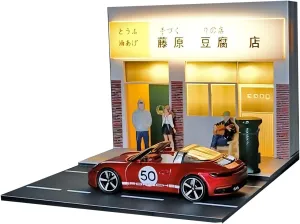 1:64Tofu Shop Scene Model with LED Lights - Miniature Street Scene Display for Diecast Cars & Hot Wheels