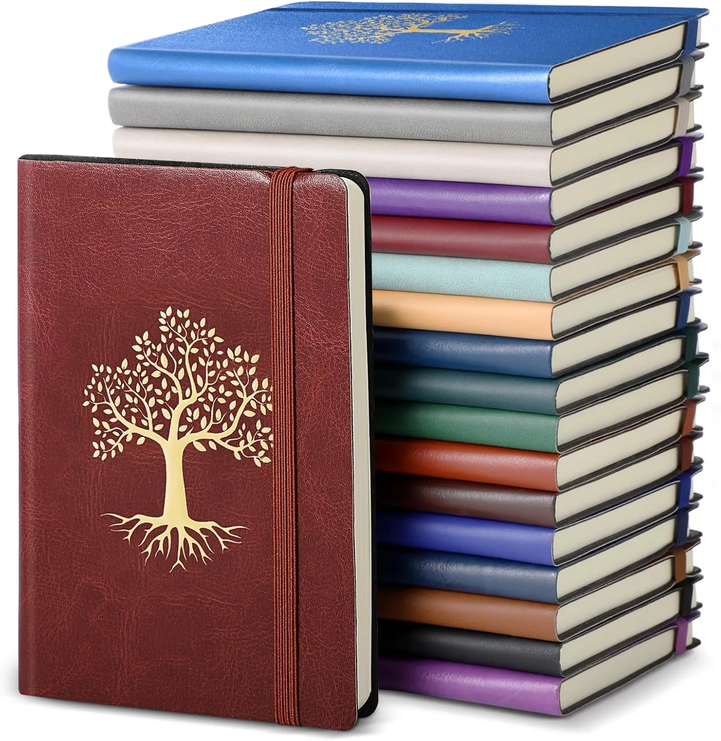 18 Pcs Life Tree Subject Notebooks A6 Leather Lined Small Notebooks with Pen Holder Hardcover Pocket Notepad Colorful Writing Journal for Women Men School Office Travel (Fresh Color)