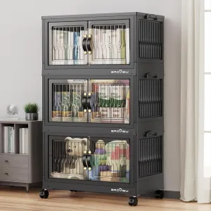180 Qt Stackable Storage Bins with Lid, Plastic Closet Organizers and Storage Drawer, Collapsible Storage Box with Wheels, Folding Storage Cabinet for Closet Clothes Organization, 3Pack Black
