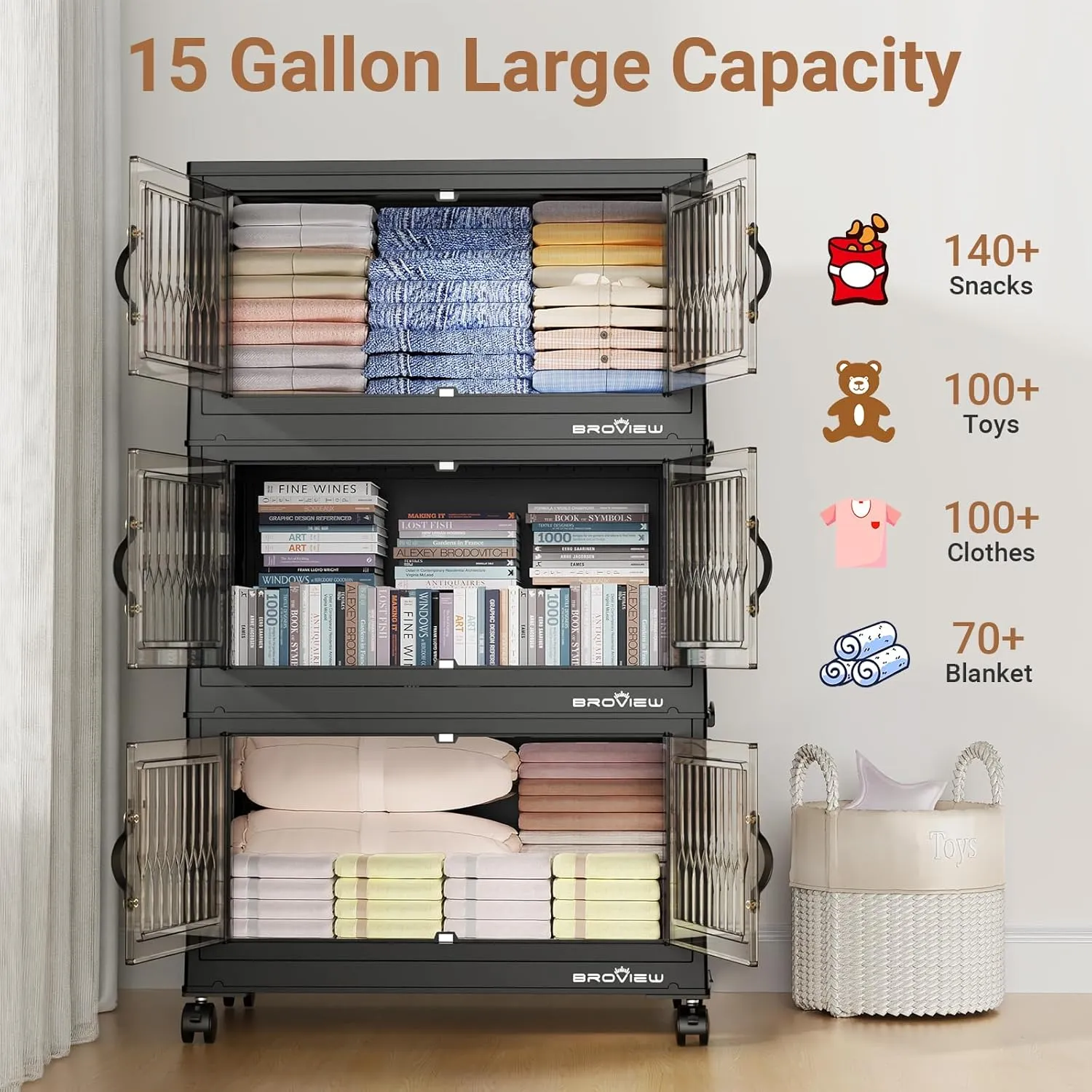 180 Qt Stackable Storage Bins with Lid, Plastic Closet Organizers and Storage Drawer, Collapsible Storage Box with Wheels, Folding Storage Cabinet for Closet Clothes Organization, 3Pack Black