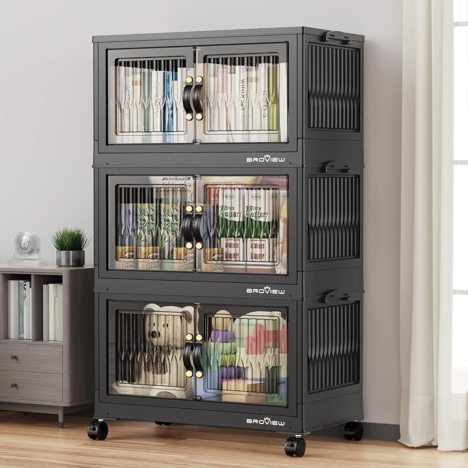 180 Qt Stackable Storage Bins with Lid, Plastic Closet Organizers and Storage Drawer, Collapsible Storage Box with Wheels, Folding Storage Cabinet for Closet Clothes Organization, 3Pack Black