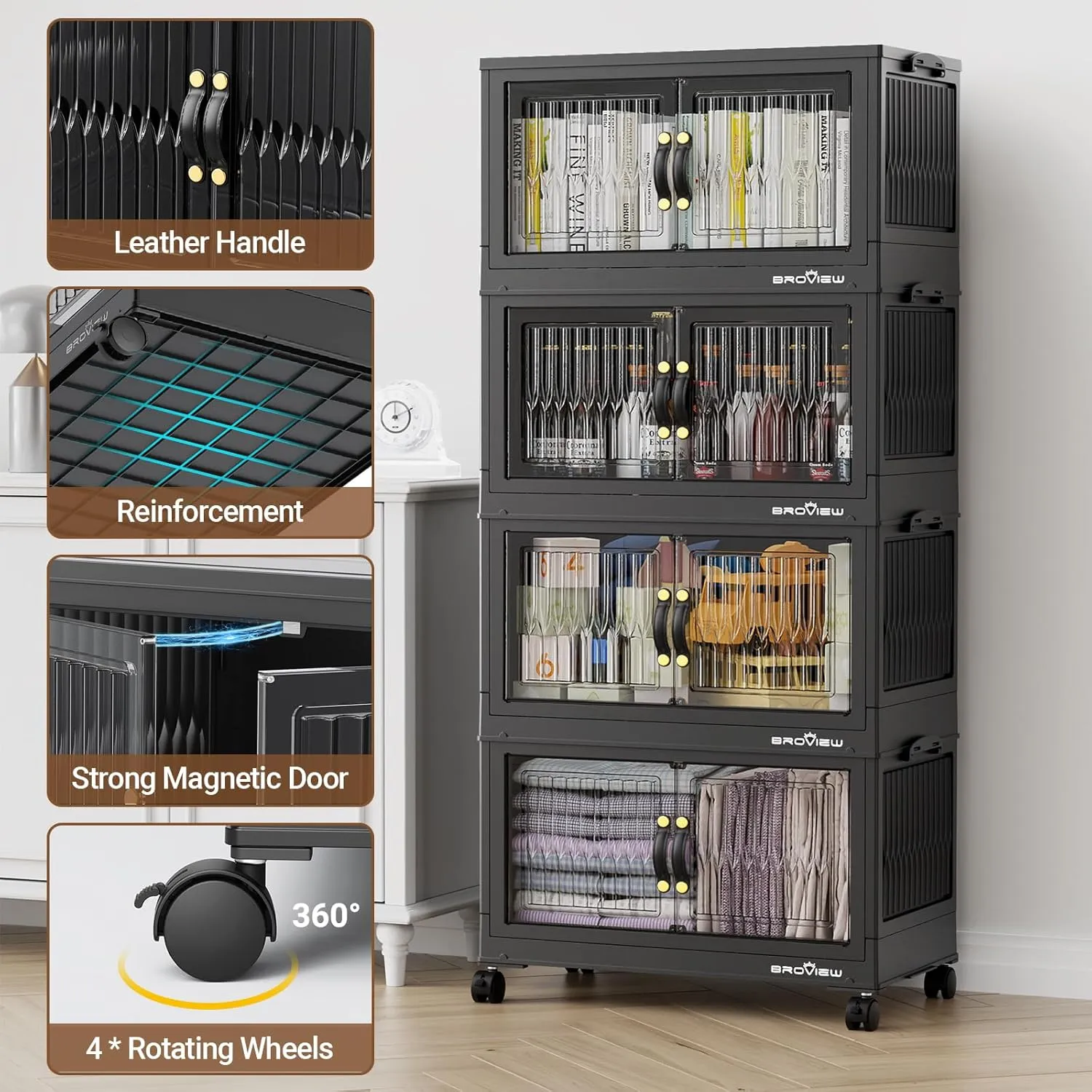 180 Qt Stackable Storage Bins with Lid, Plastic Closet Organizers and Storage Drawer, Collapsible Storage Box with Wheels, Folding Storage Cabinet for Closet Clothes Organization, 3Pack Black