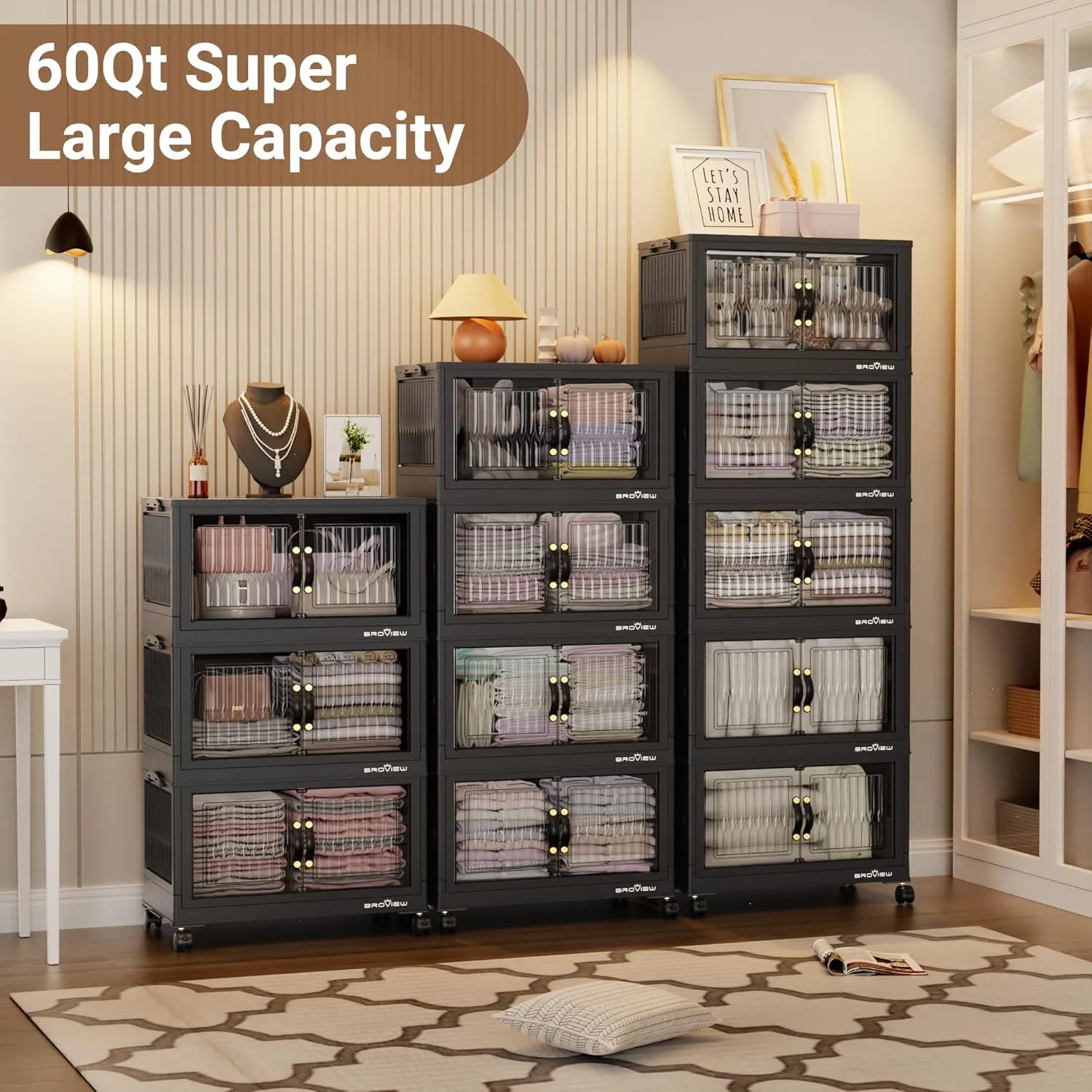 180 Qt Stackable Storage Bins with Lid, Plastic Closet Organizers and Storage Drawer, Collapsible Storage Box with Wheels, Folding Storage Cabinet for Closet Clothes Organization, 3Pack Black