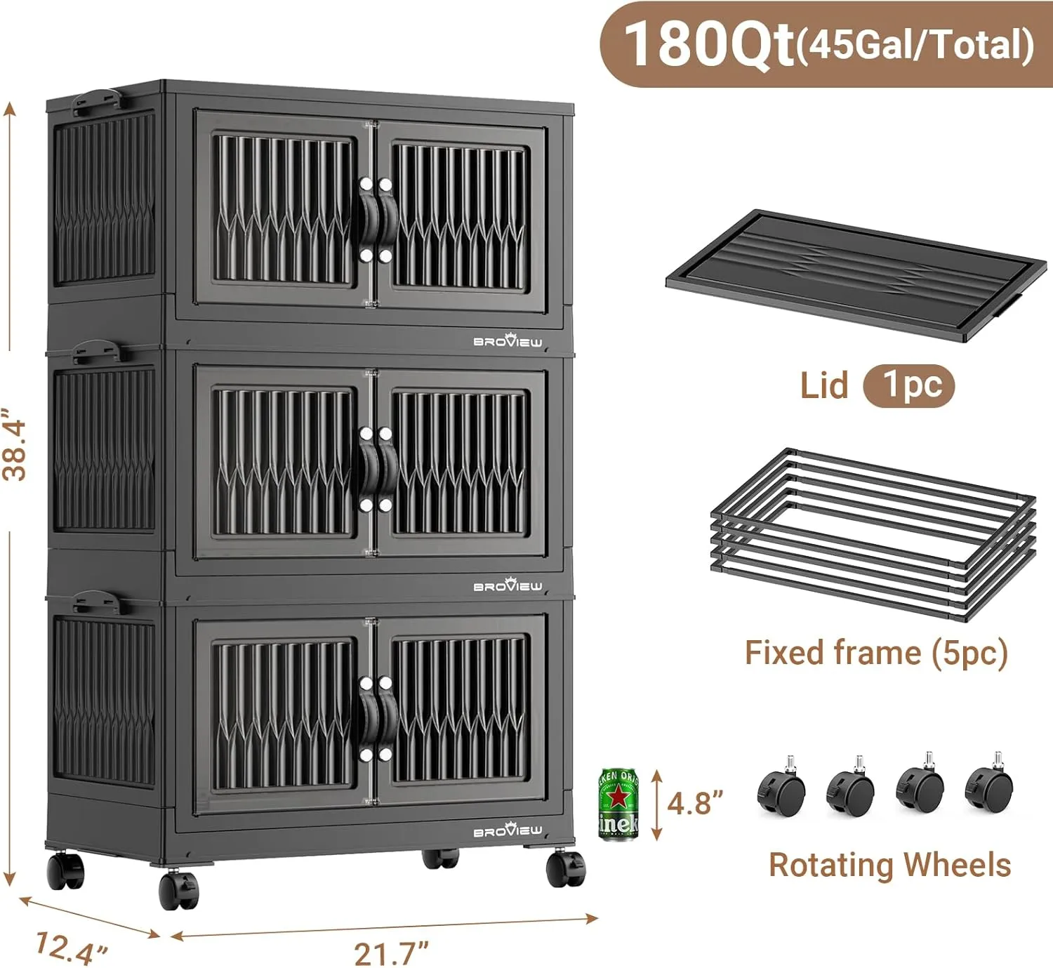 180 Qt Stackable Storage Bins with Lid, Plastic Closet Organizers and Storage Drawer, Collapsible Storage Box with Wheels, Folding Storage Cabinet for Closet Clothes Organization, 3Pack Black