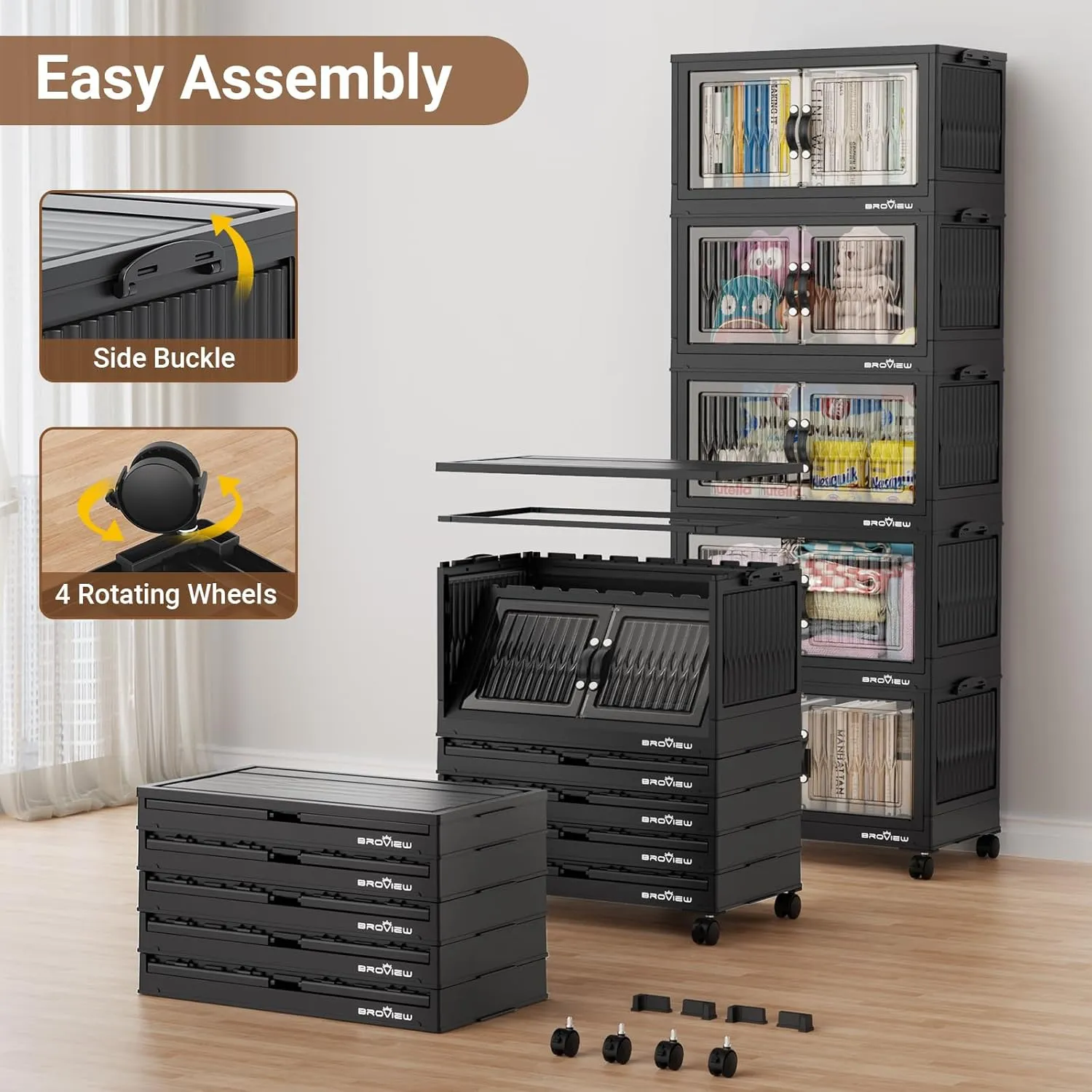 180 Qt Stackable Storage Bins with Lid, Plastic Closet Organizers and Storage Drawer, Collapsible Storage Box with Wheels, Folding Storage Cabinet for Closet Clothes Organization, 3Pack Black
