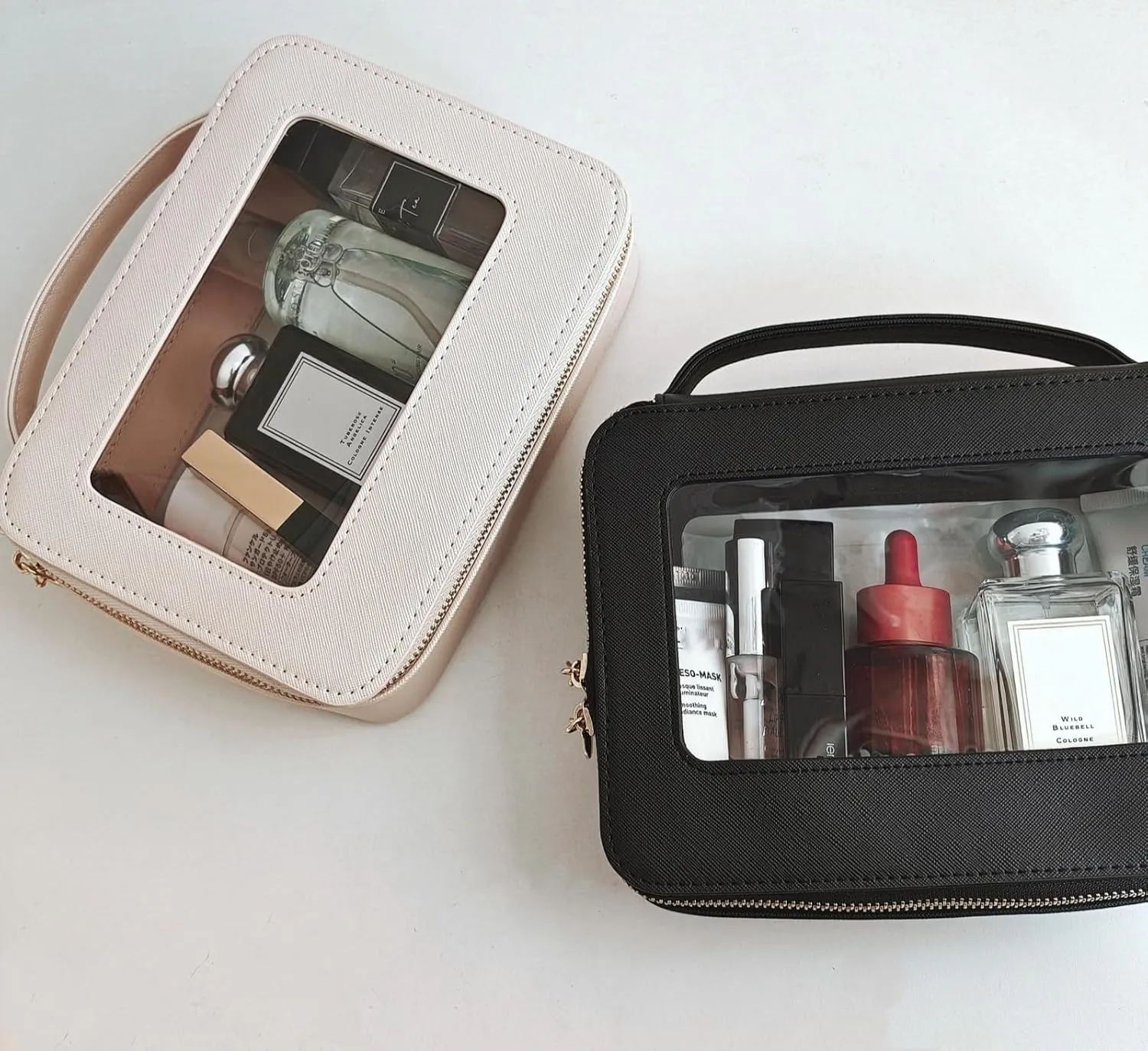 2 Pack Clear Makeup Bag Set, Portable Toiletry Bags for Women Clear Cosmetic Bag With Zipper,Small Travel Make Up Case Waterproof Organizer Transparent Car Bag for Essentials(Beige,Black)